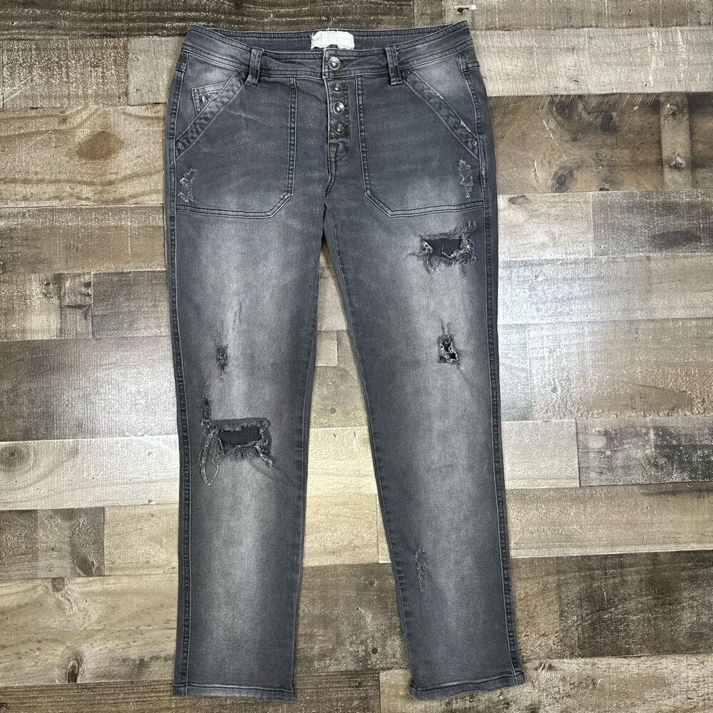 Free People Women’s Size 4 Mid Rise Jeans Black Relaxed Distressed Stretch